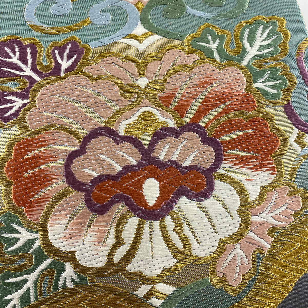 【美品】 袋帶 秀品級 花唐草紋 枝梅花 金絲 金金箔 青灰 六通 純蠶絲