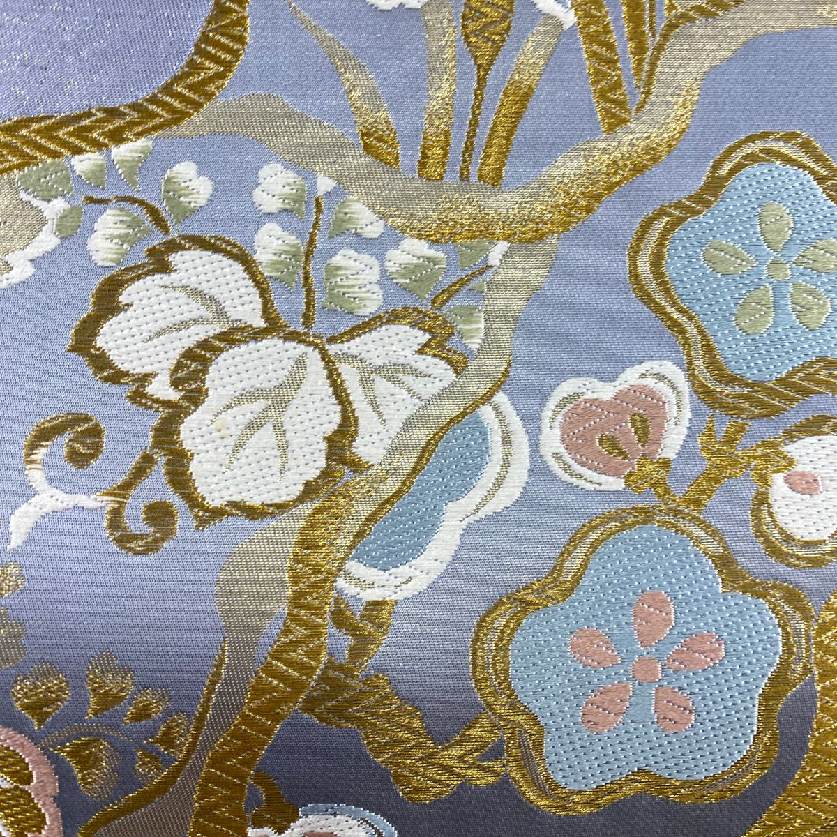 【美品】 袋帶 秀品級 花唐草紋 枝梅花 金絲 金金箔 青灰 六通 純蠶絲