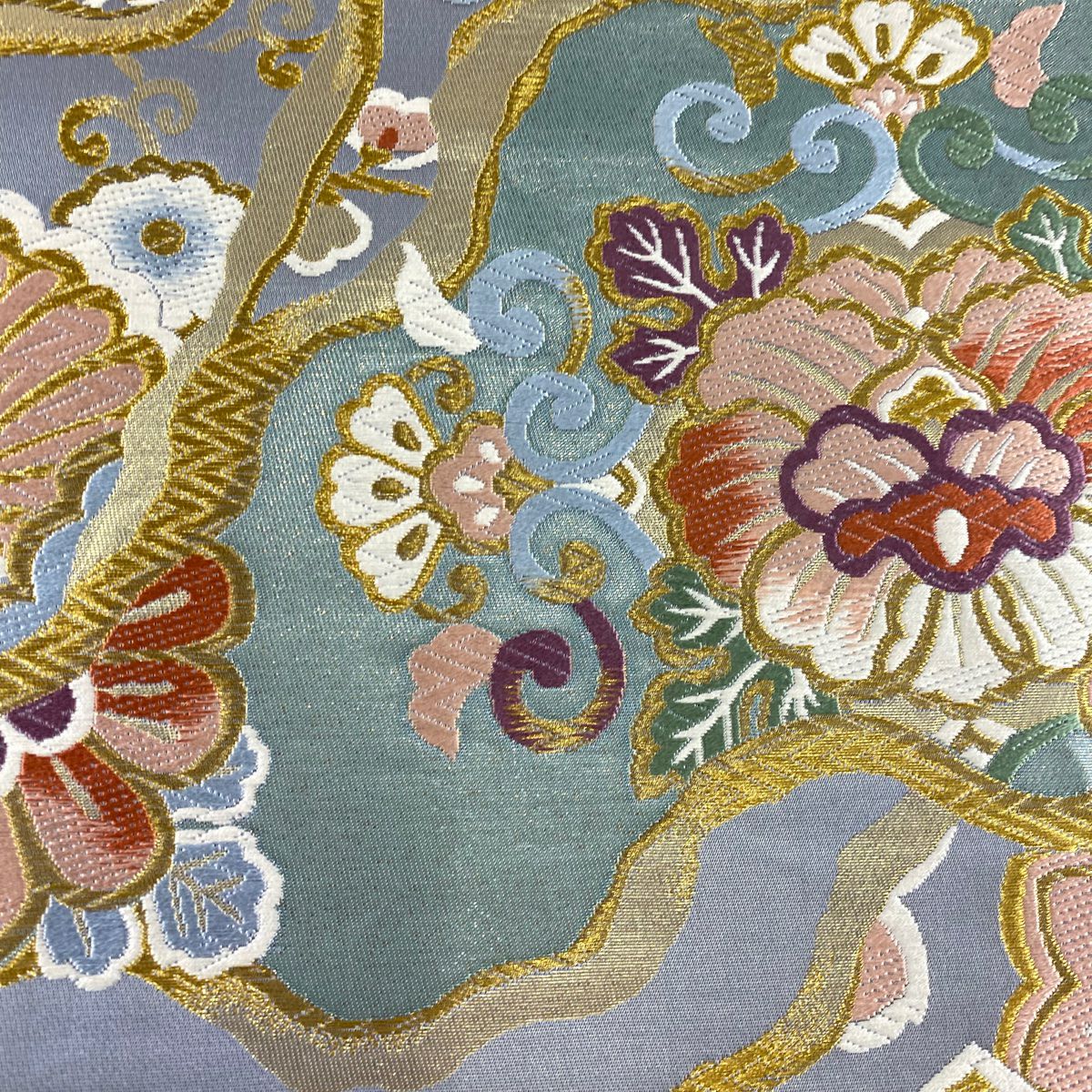 【美品】 袋帶 秀品級 花唐草紋 枝梅花 金絲 金金箔 青灰 六通 純蠶絲