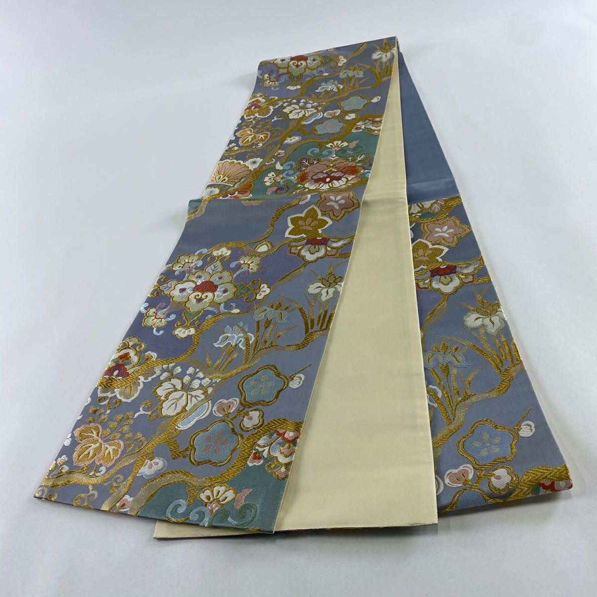 【美品】 袋帶 秀品級 花唐草紋 枝梅花 金絲 金金箔 青灰 六通 純蠶絲