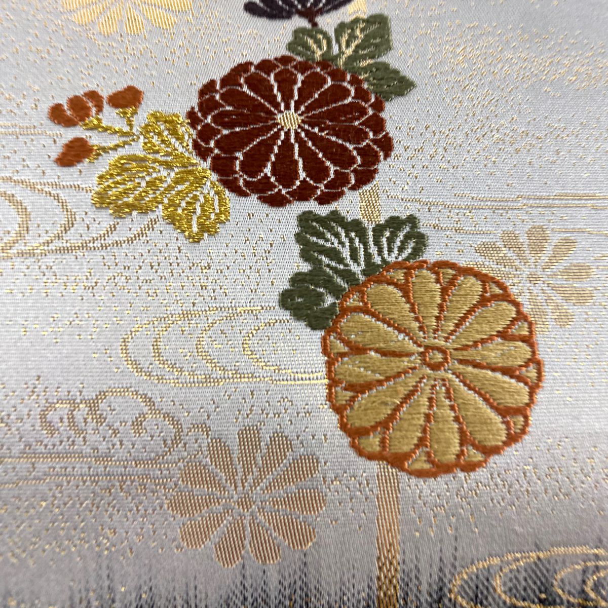 【美品】 袋帶 秀品級 菊花 流水 金絲 金金箔 灰色 六通 純蠶絲