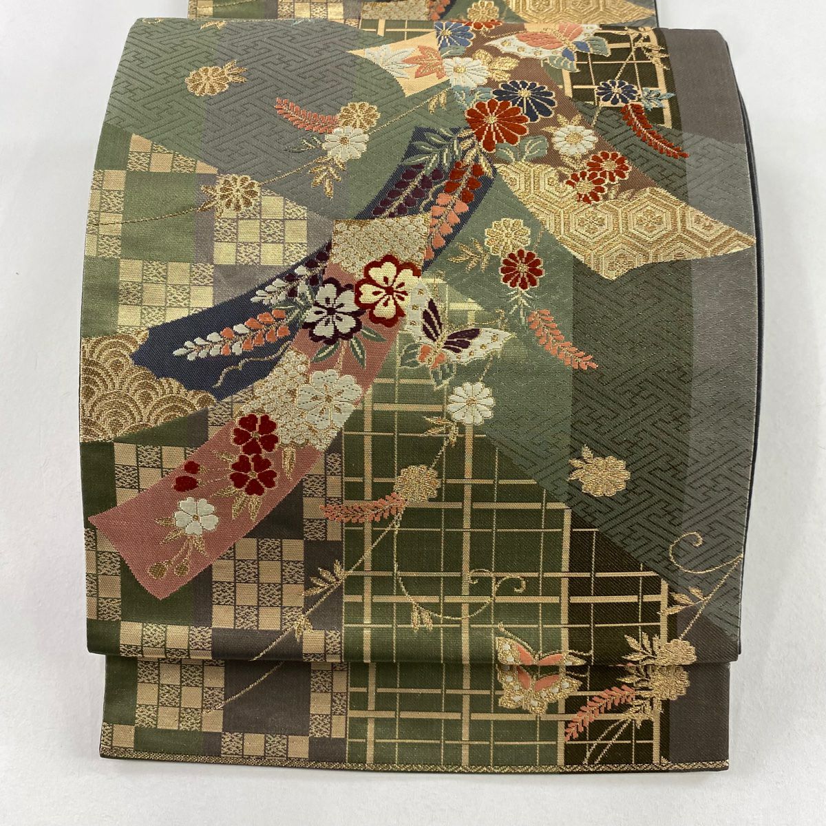 【美品】 袋帶 秀品級 關西仕立 短冊 蝴蝶 金絲 金金箔 灰綠 六通 純蠶絲