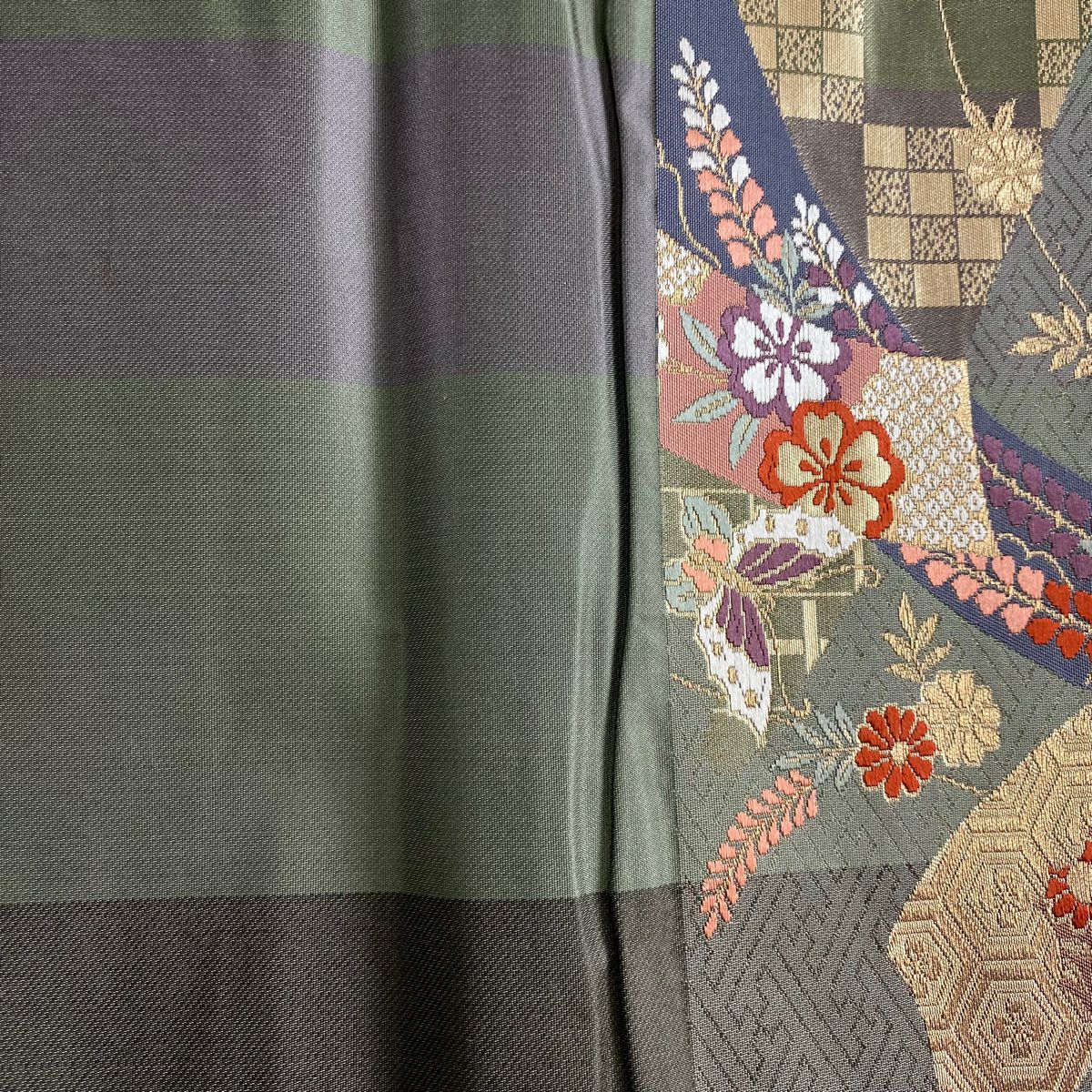 【美品】 袋帶 秀品級 關西仕立 短冊 蝴蝶 金絲 金金箔 灰綠 六通 純蠶絲