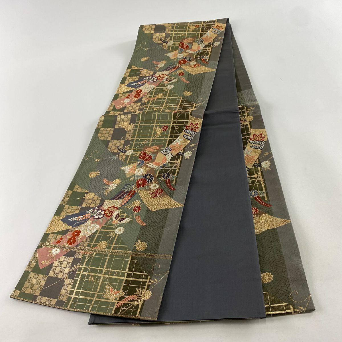 【美品】 袋帶 秀品級 關西仕立 短冊 蝴蝶 金絲 金金箔 灰綠 六通 純蠶絲