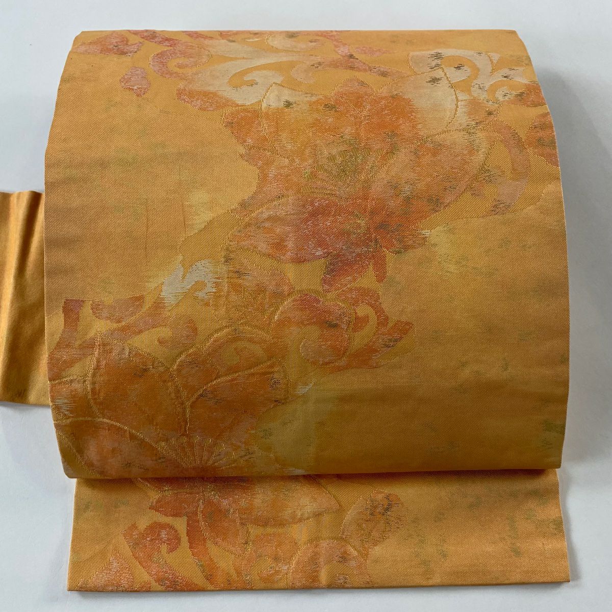 名古屋帶 優品級 草花紋紋 金金箔 橙色 純蠶絲