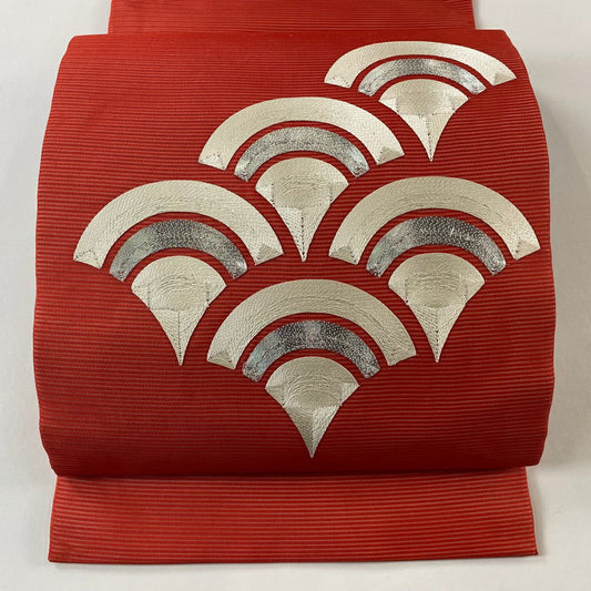 【美品】 開口名古屋帶 優品級 夏帶 絽 青海波 銀線 刺繡 紅 純蠶絲
