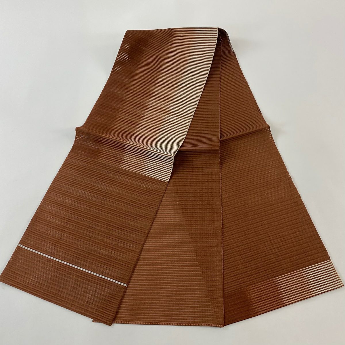 【美品】名古屋帶 優品級 夏帶 絽 八寸名古屋帶 漸層 幾何圖案 茶 純蠶絲
