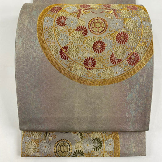 【庫存清倉】 袋帶 名品級 向仙鶴 菊花唐草紋 金銀絲 金金箔 灰紫 六通 純蠶絲