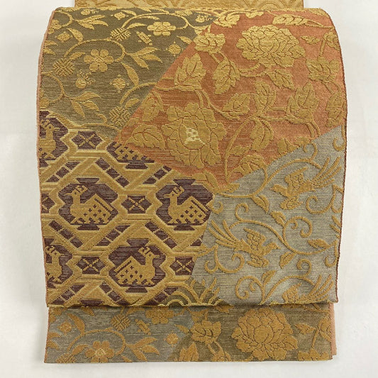 【庫存清倉】 【美品】 袋帶 名品級 有栖川文 花唐草紋 輪奈織 茶 お太鼓圖案 純蠶絲