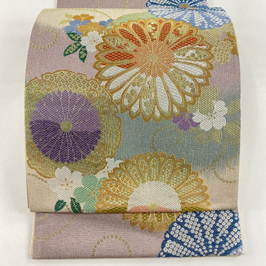 【庫存清倉】 【美品】 袋帶 名品級 菊花唐草紋 櫻花 金糸 金金箔 淺紫 六通 純蠶絲