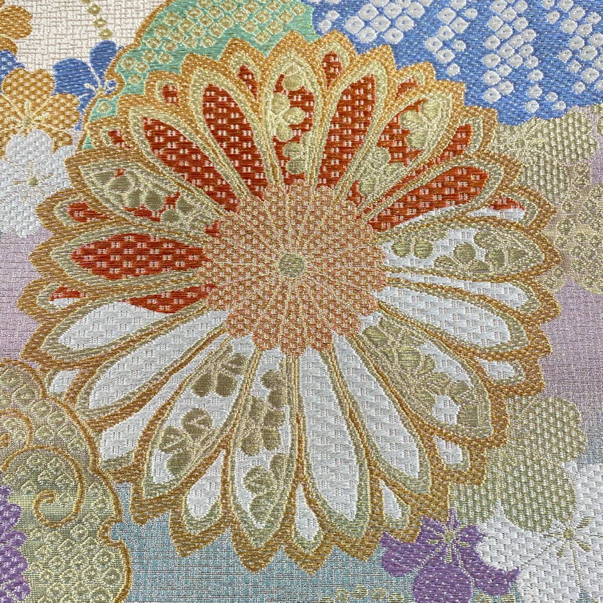 【庫存清倉】 【美品】 袋帶 名品級 菊花唐草紋 櫻花 金糸 金金箔 淺紫 六通 純蠶絲