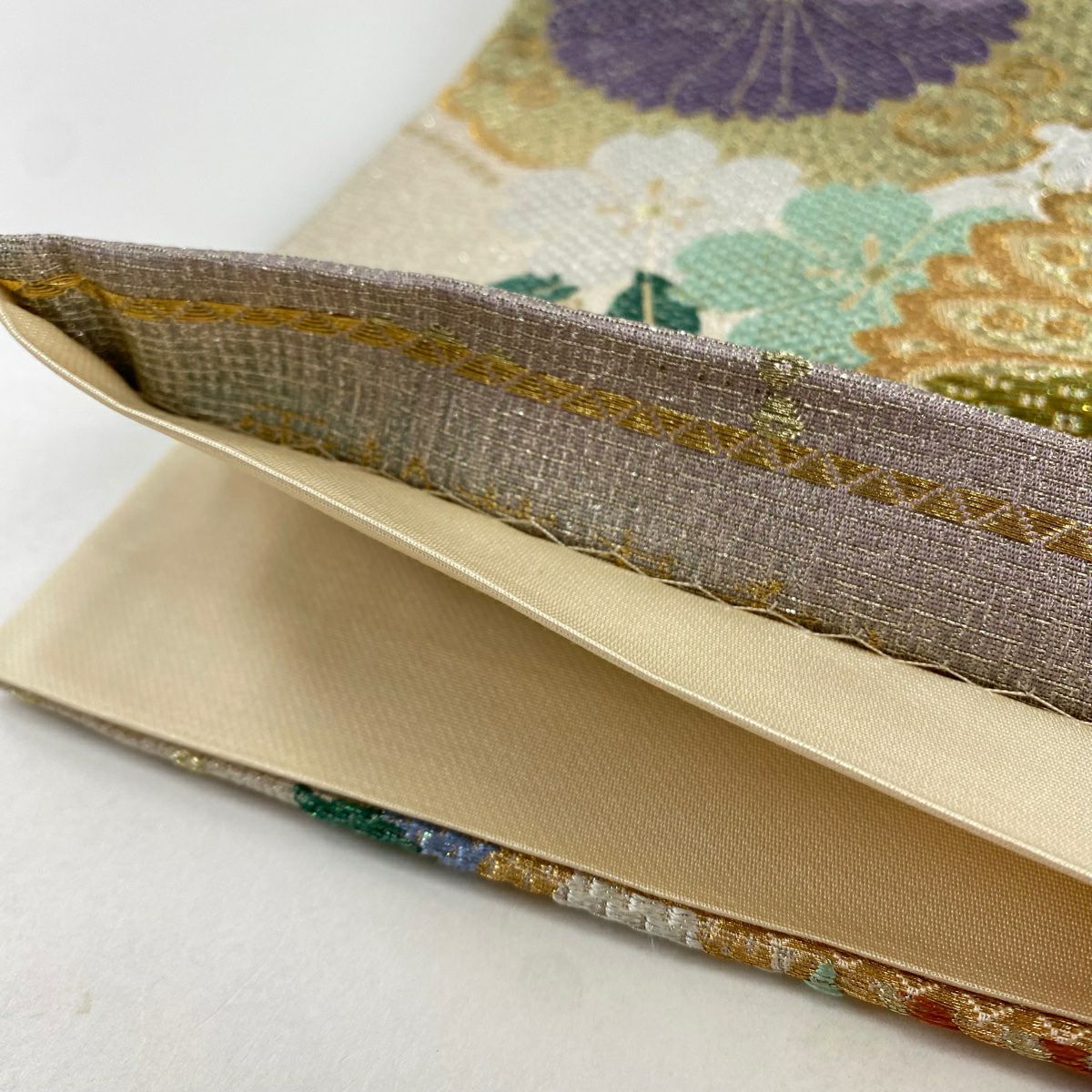 【庫存清倉】 【美品】 袋帶 名品級 菊花唐草紋 櫻花 金糸 金金箔 淺紫 六通 純蠶絲