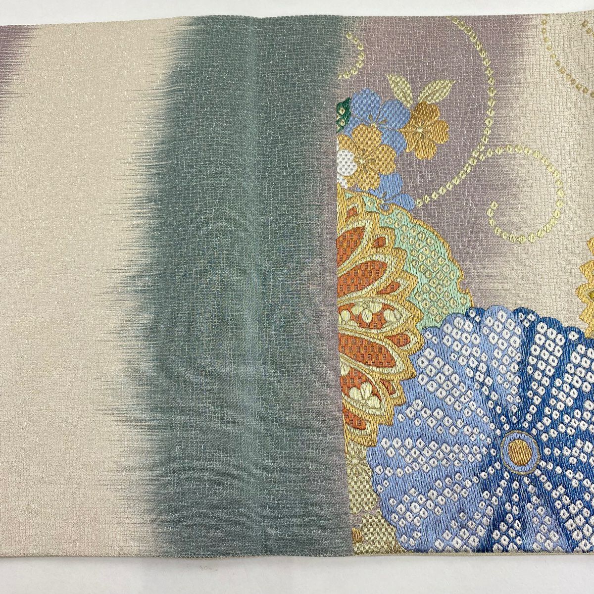 【庫存清倉】 【美品】 袋帶 名品級 菊花唐草紋 櫻花 金糸 金金箔 淺紫 六通 純蠶絲