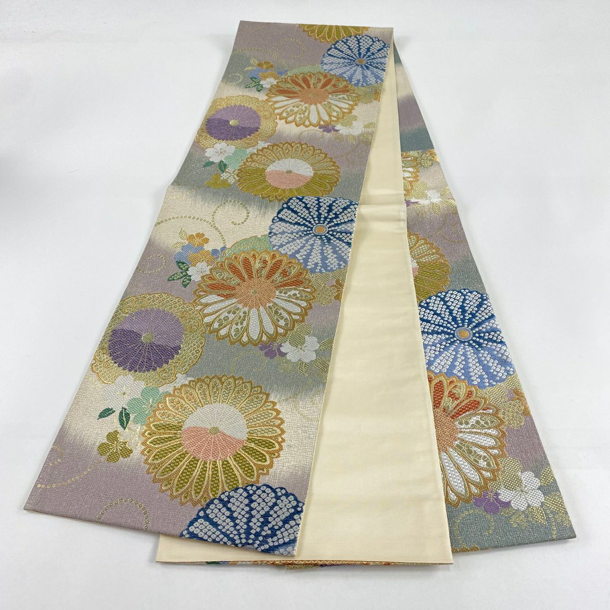 【庫存清倉】 【美品】 袋帶 名品級 菊花唐草紋 櫻花 金糸 金金箔 淺紫 六通 純蠶絲