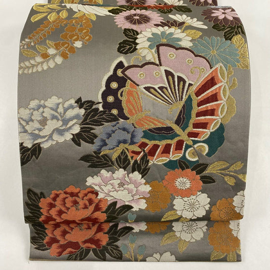 【庫存清倉】 袋帶 名品級 蝶 花鳥 金糸 金金箔 灰色 六通 純蠶絲