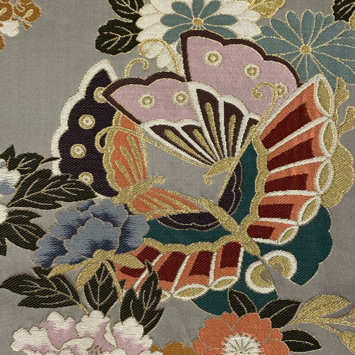 【庫存清倉】 袋帶 名品級 蝶 花鳥 金糸 金金箔 灰色 六通 純蠶絲