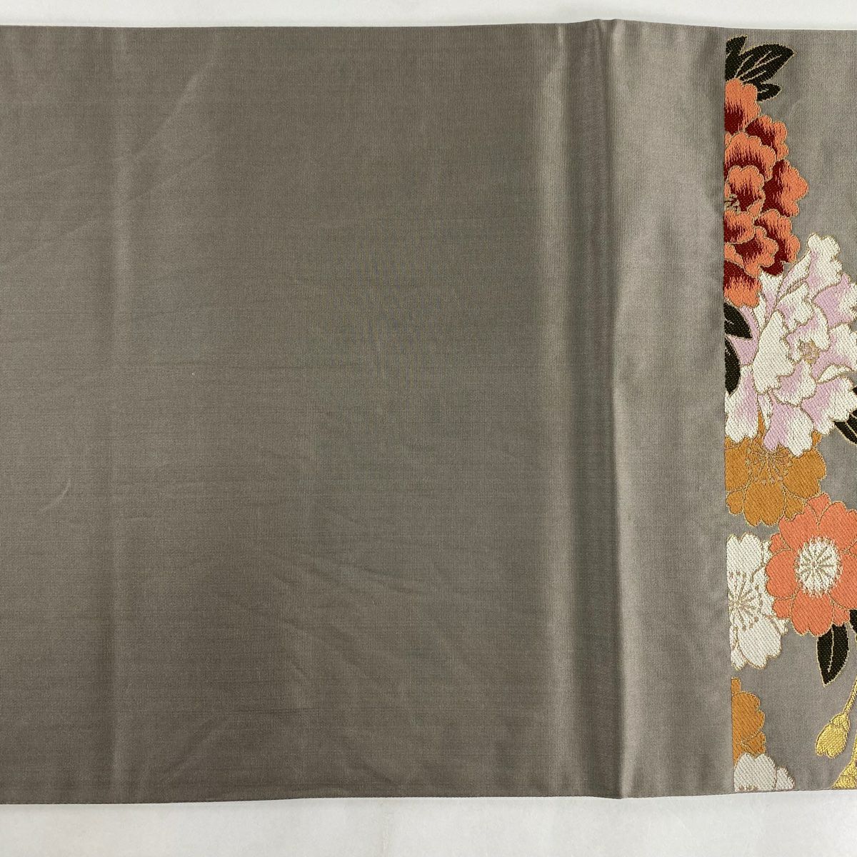 【庫存清倉】 袋帶 名品級 蝶 花鳥 金糸 金金箔 灰色 六通 純蠶絲