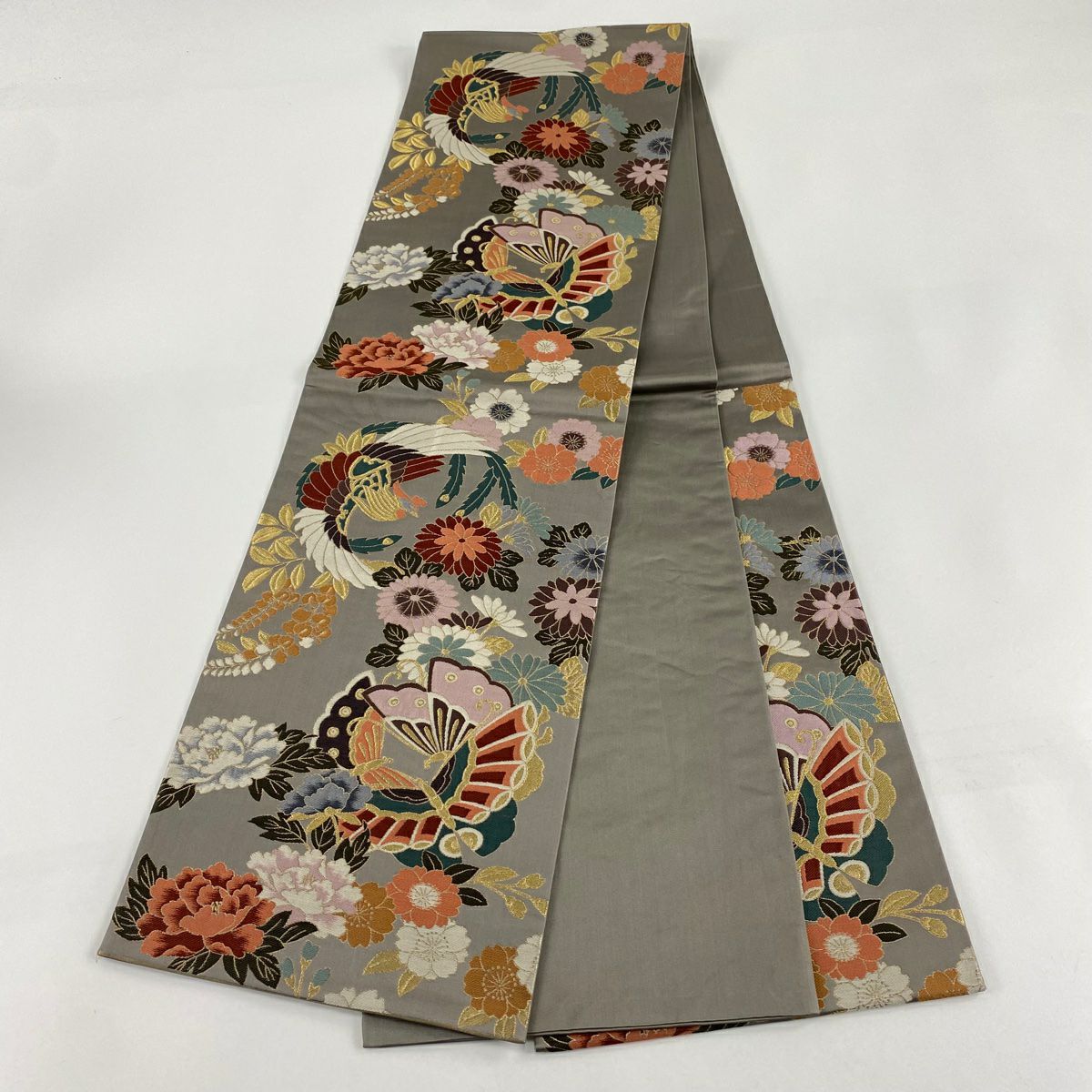 【庫存清倉】 袋帶 名品級 蝶 花鳥 金糸 金金箔 灰色 六通 純蠶絲