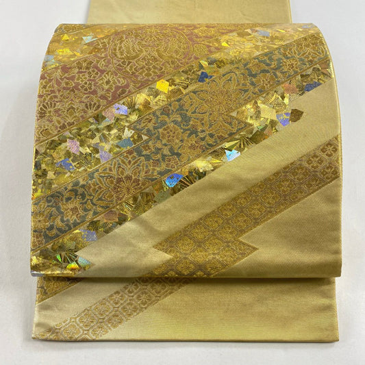 【庫存清倉】 袋帶 名品級 堀省平 落款 華紋 向鳥 金銀彩 金絲 金色 大鼓圖案 純蠶絲