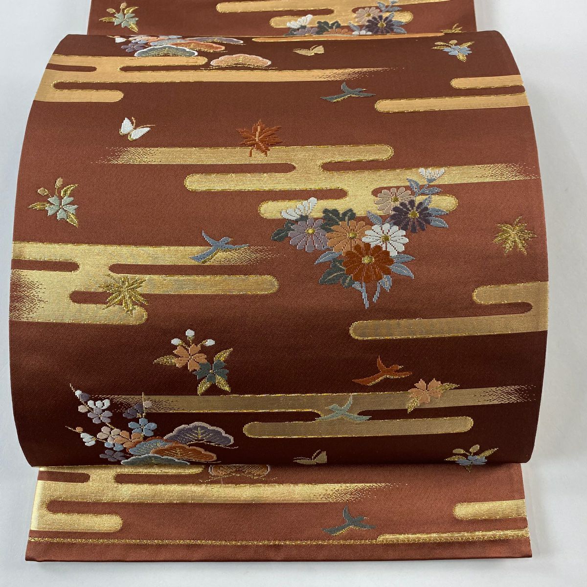 【美品】 袋帶 秀品級 關西仕立 雲霞 草花紋紋 金金箔 金絲 紅茶 六通 純蠶絲
