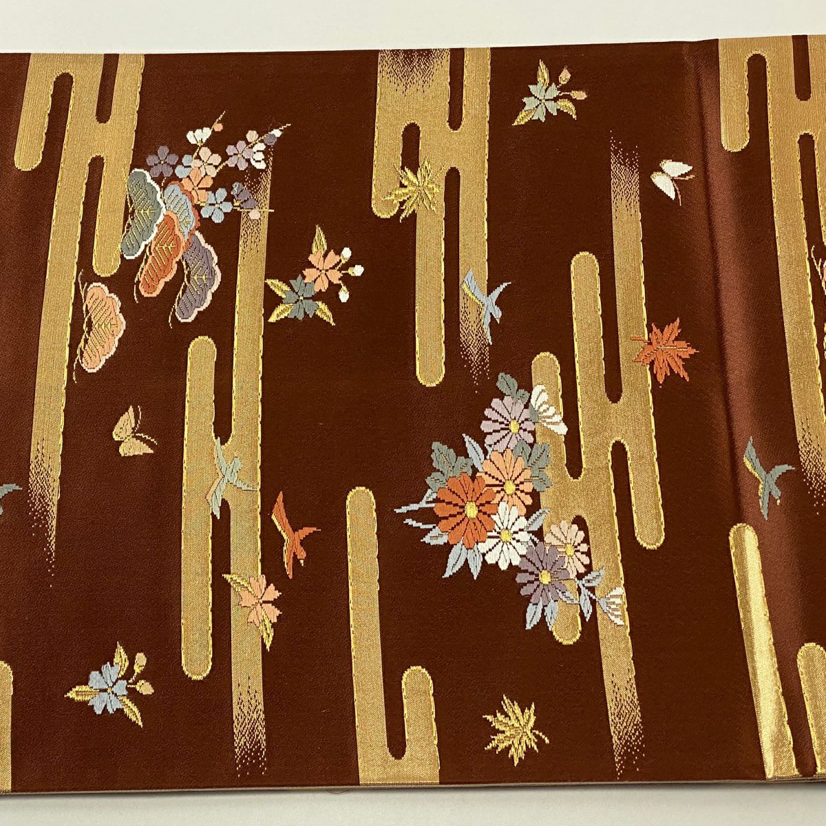 【美品】 袋帶 秀品級 關西仕立 雲霞 草花紋紋 金金箔 金絲 紅茶 六通 純蠶絲