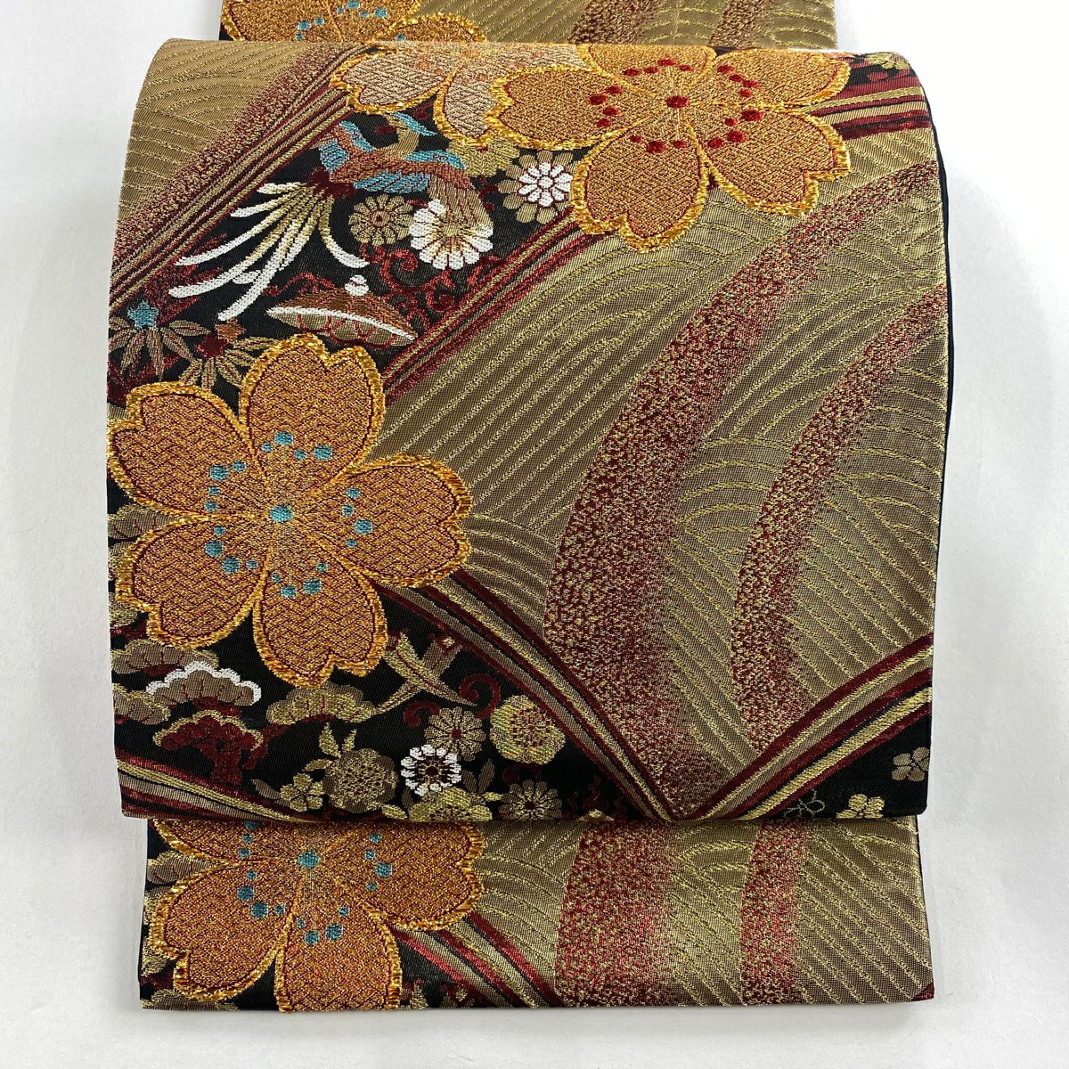 袋帶 秀品級 櫻花 鳳凰 金金箔 金絲 墨色 六通 純蠶絲