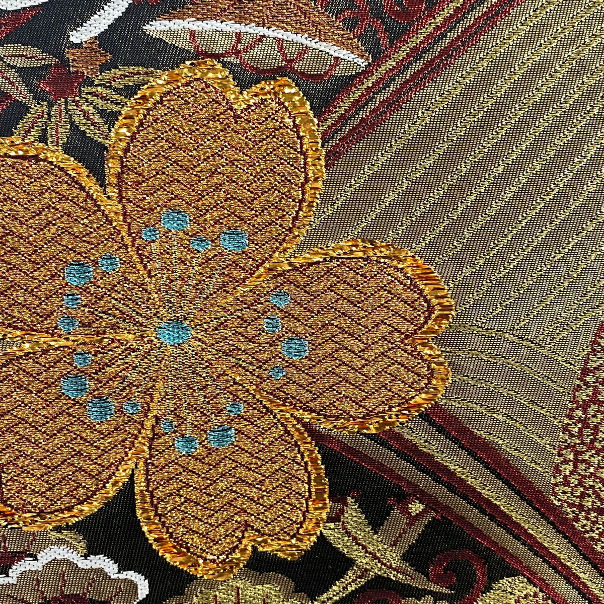 袋帶 秀品級 櫻花 鳳凰 金金箔 金絲 墨色 六通 純蠶絲