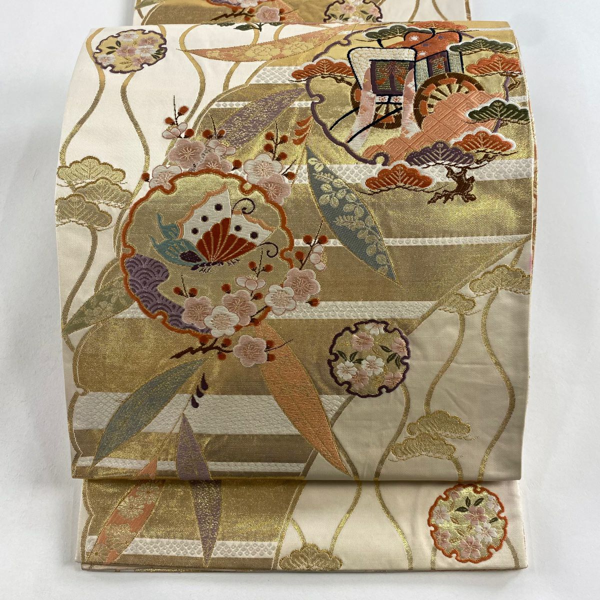 袋帶 秀品級 雪輪 松樹竹子梅花 金金箔 金絲 米色 六通 純蠶絲