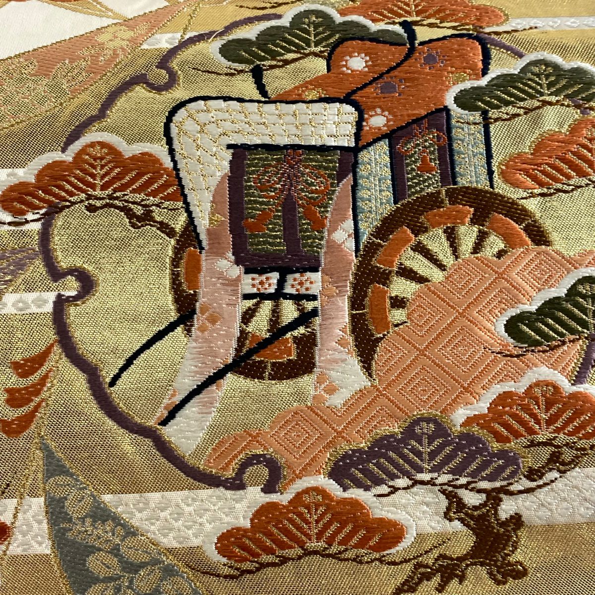 袋帶 秀品級 雪輪 松樹竹子梅花 金金箔 金絲 米色 六通 純蠶絲