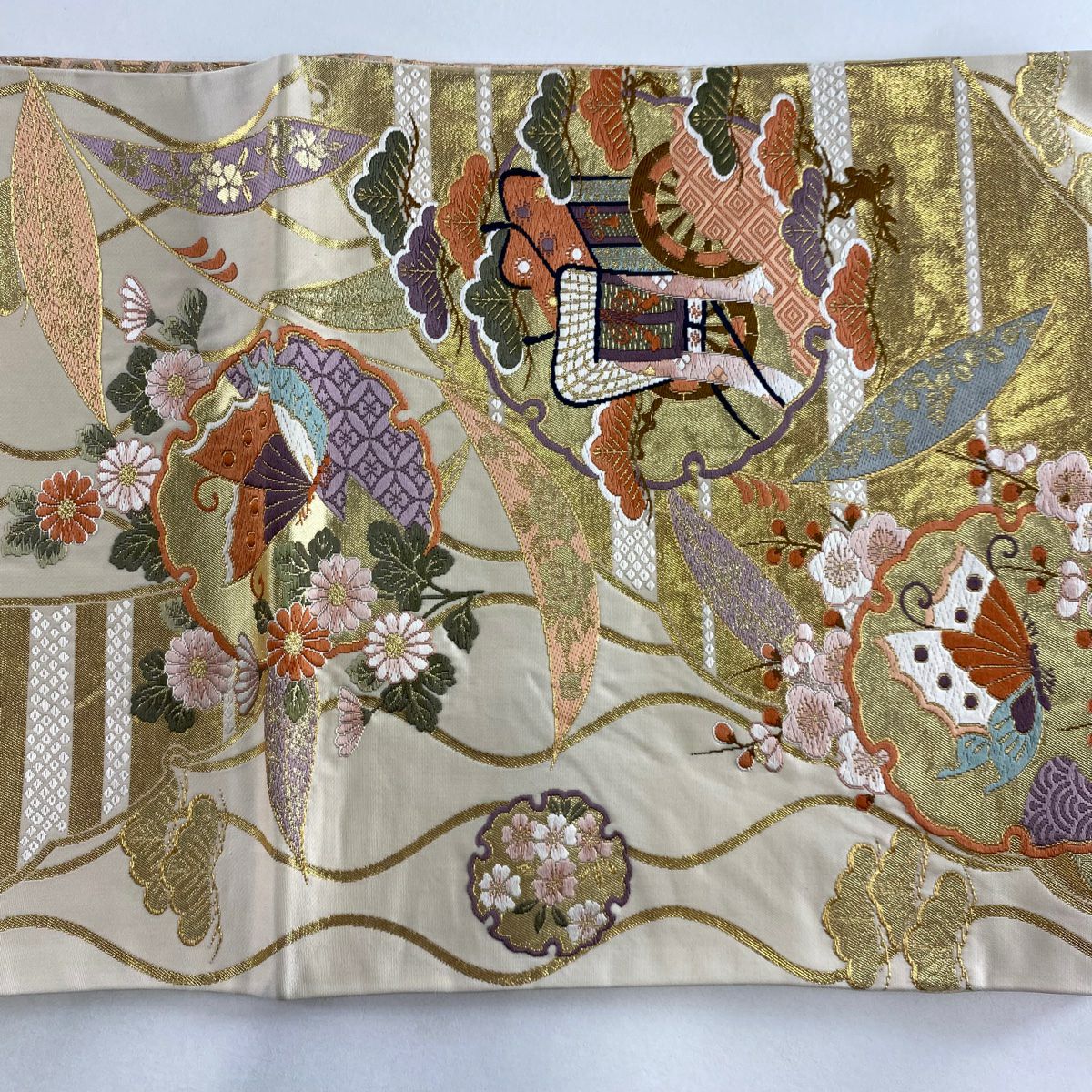 袋帶 秀品級 雪輪 松樹竹子梅花 金金箔 金絲 米色 六通 純蠶絲