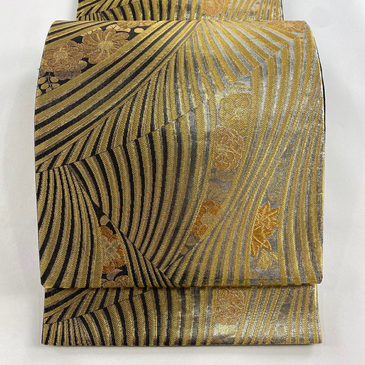 【美品】 袋帶 秀品級 枝花 斜紋 金絲 金色 全通 純蠶絲