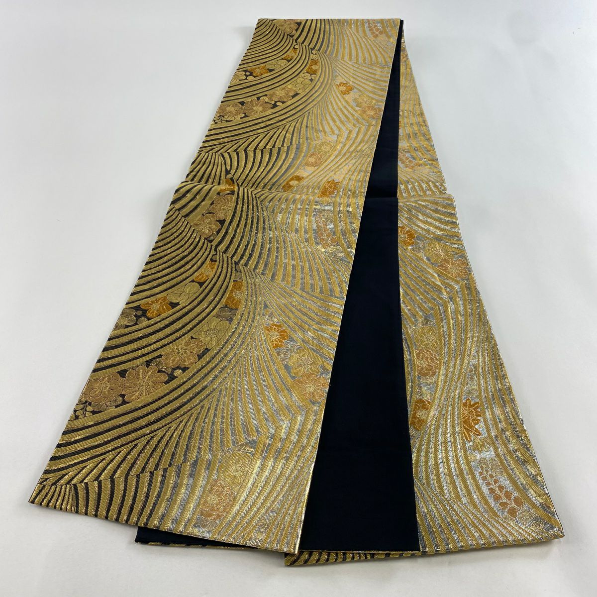 【美品】 袋帶 秀品級 枝花 斜紋 金絲 金色 全通 純蠶絲