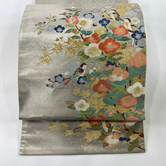 袋帶 秀品級 椿 鳥 金絲 金金箔 銀 お太鼓圖案 純蠶絲