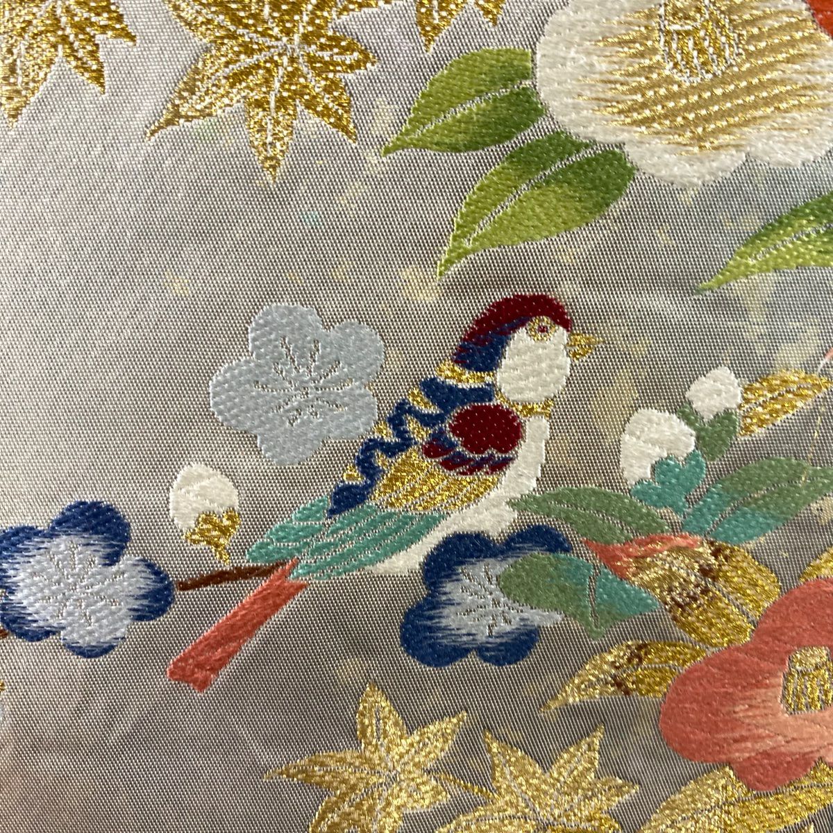袋帶 秀品級 椿 鳥 金絲 金金箔 銀 お太鼓圖案 純蠶絲