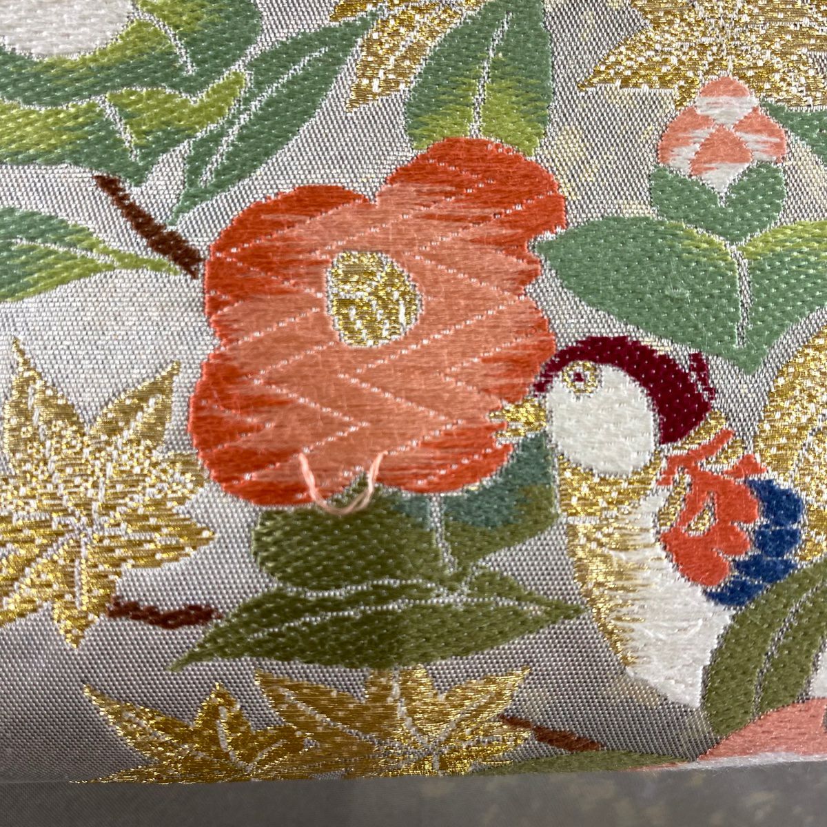 袋帶 秀品級 椿 鳥 金絲 金金箔 銀 お太鼓圖案 純蠶絲