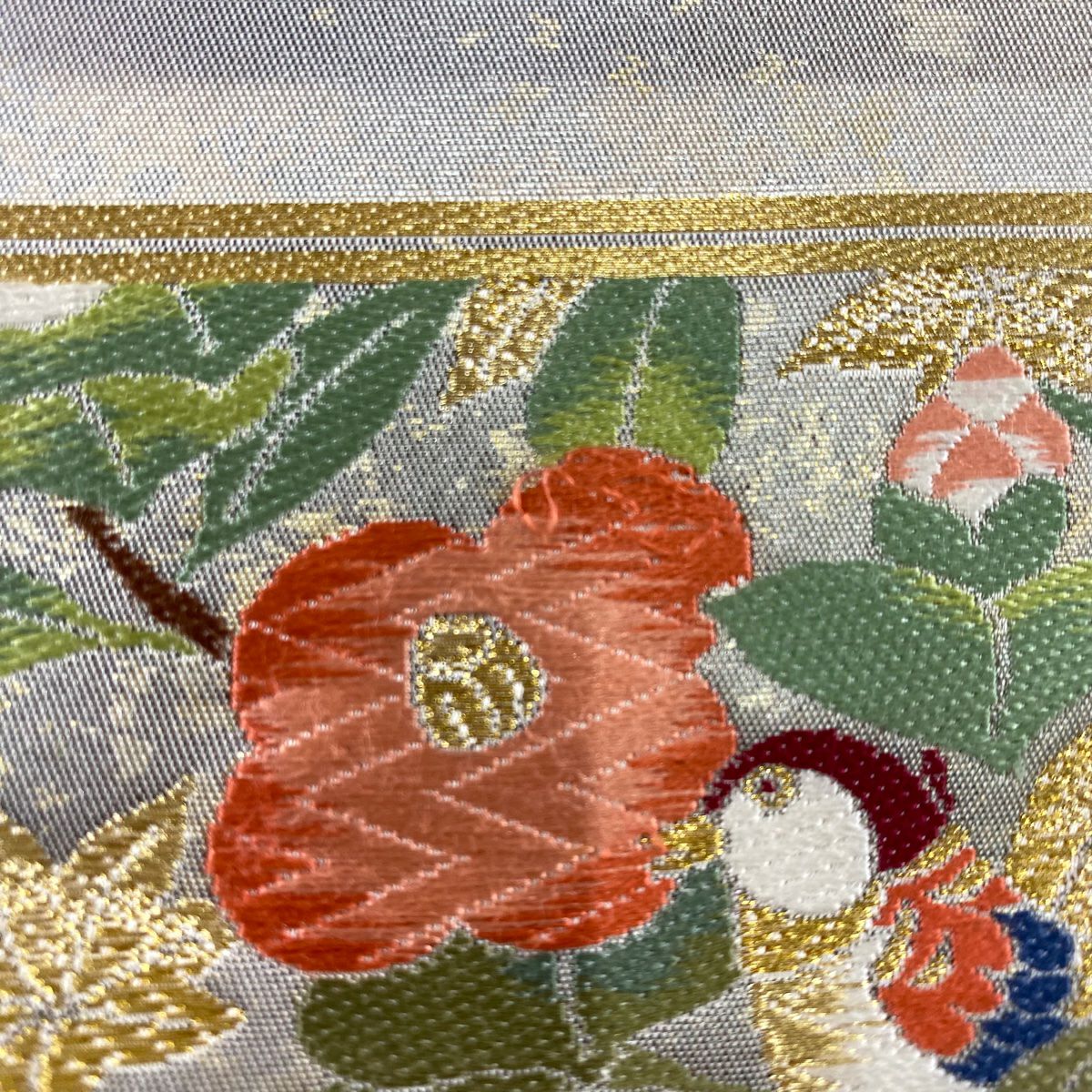 袋帶 秀品級 椿 鳥 金絲 金金箔 銀 お太鼓圖案 純蠶絲