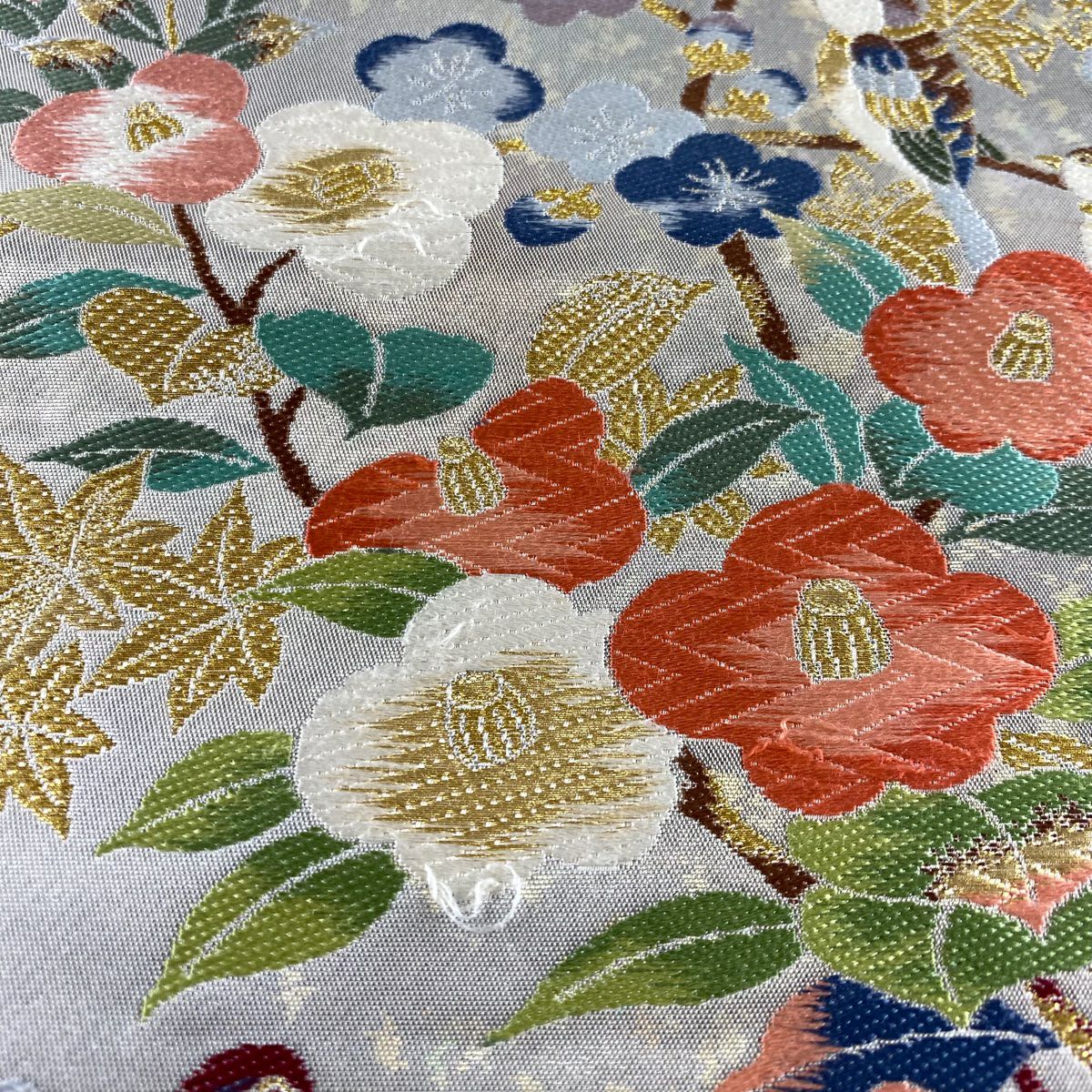 袋帶 秀品級 椿 鳥 金絲 金金箔 銀 お太鼓圖案 純蠶絲