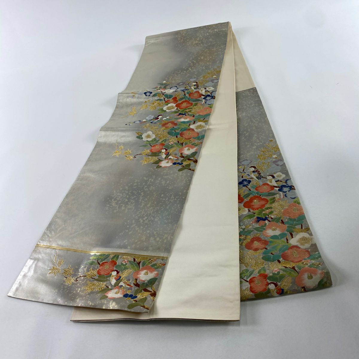 袋帶 秀品級 椿 鳥 金絲 金金箔 銀 お太鼓圖案 純蠶絲