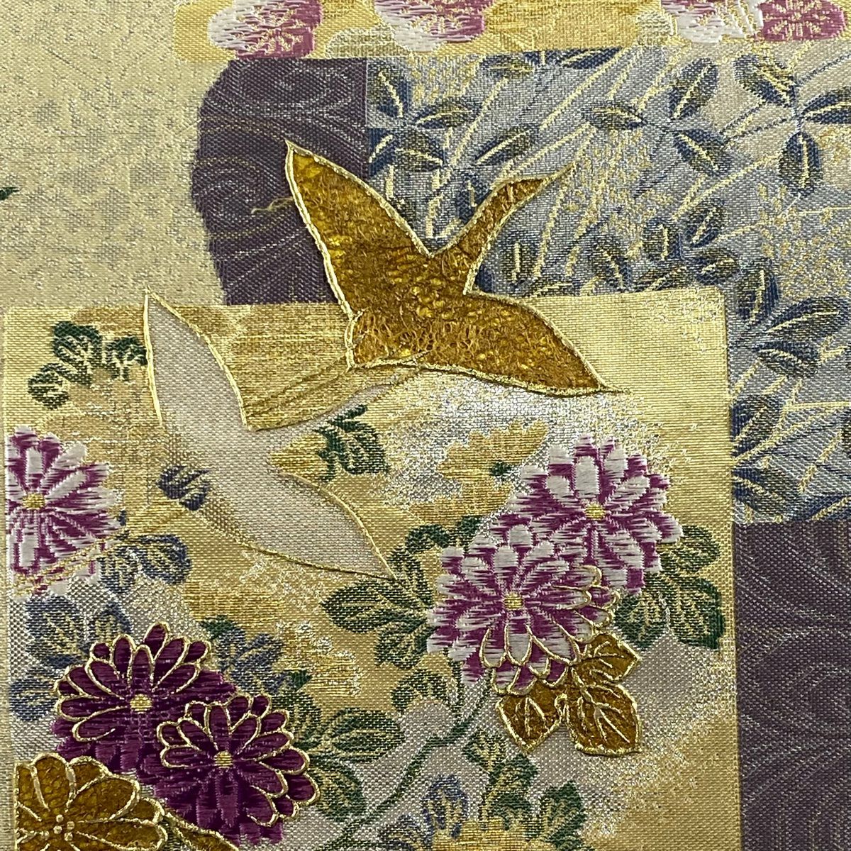 【美品】 袋帶 逸品級 證書齊全 草花紋紋 仙鶴 金銀彩 金金箔 米色 六通 純蠶絲