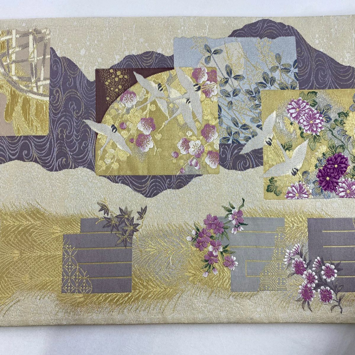 【美品】 袋帶 逸品級 證書齊全 草花紋紋 仙鶴 金銀彩 金金箔 米色 六通 純蠶絲