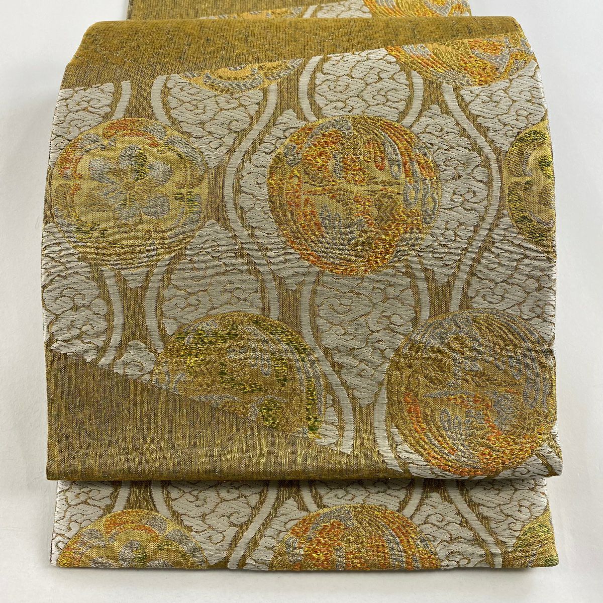 【庫存清倉】 【美品】 袋帶 名品級 花鳥 立涌 金銀糸 金金箔 茶綠 六通 純蠶絲