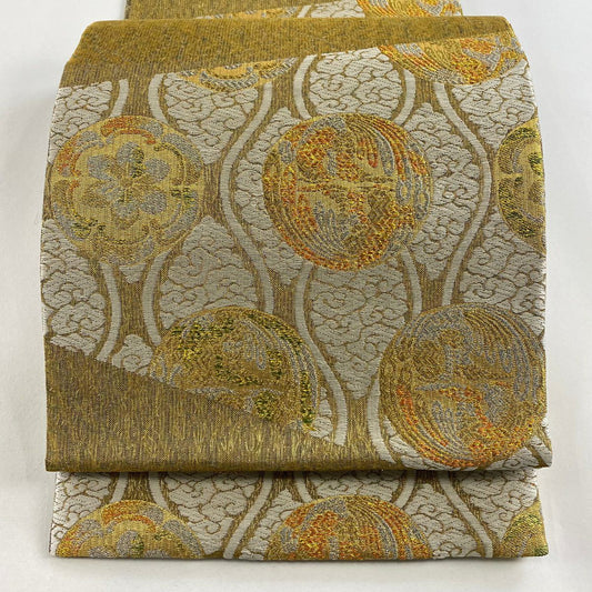【庫存清倉】 【美品】 袋帶 名品級 花鳥 立涌 金銀糸 金金箔 茶綠 六通 純蠶絲