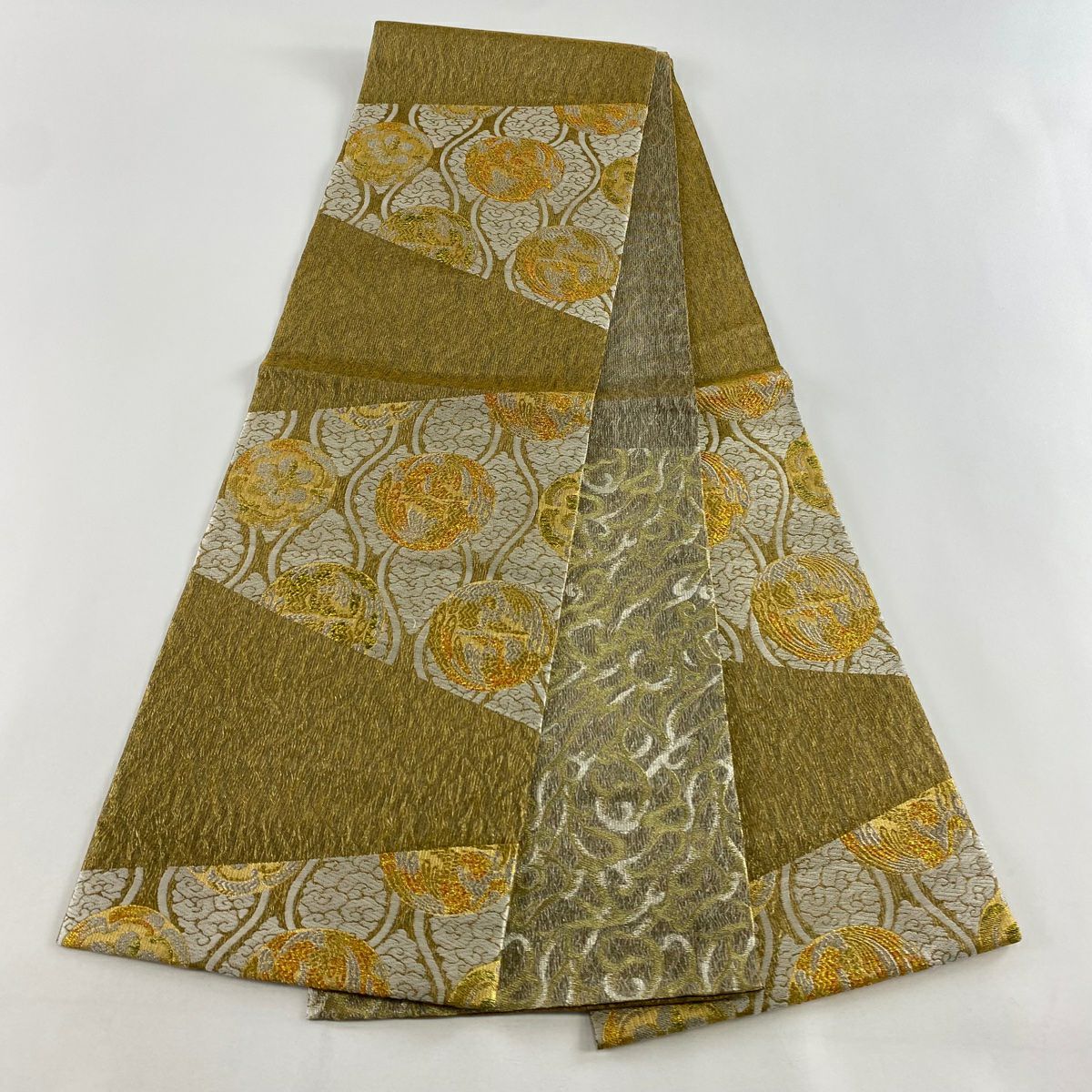 【庫存清倉】 【美品】 袋帶 名品級 花鳥 立涌 金銀糸 金金箔 茶綠 六通 純蠶絲