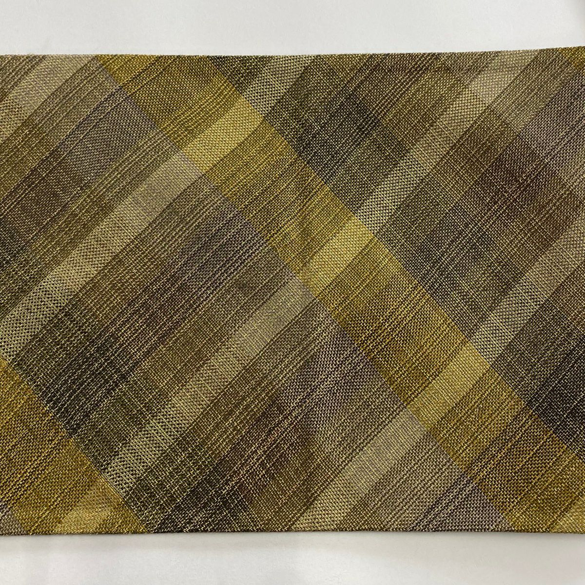 【庫存清倉】 【美品】 袋帶 名品級 格子紋 金通 茶綠 純蠶絲