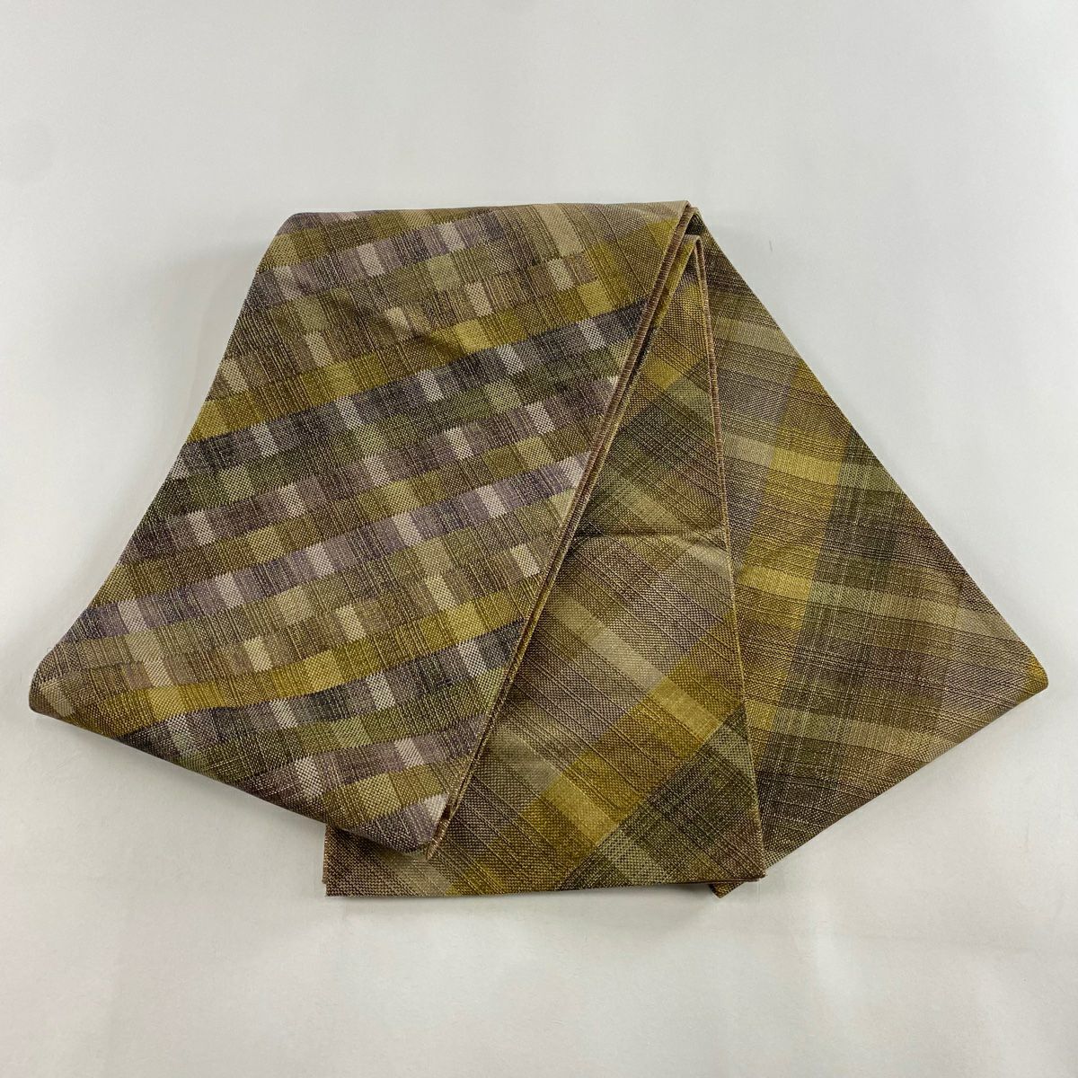 【庫存清倉】 【美品】 袋帶 名品級 格子紋 金通 茶綠 純蠶絲