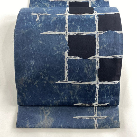 【庫存清倉】 【美品】 袋帶 名品級 格子紋 銀線 深藍色 六通 純蠶絲