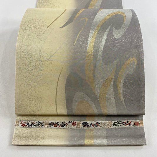 【清倉特賣】 【美品】 袋帶 名品級 波 金金箔 米色 六通 純蠶絲