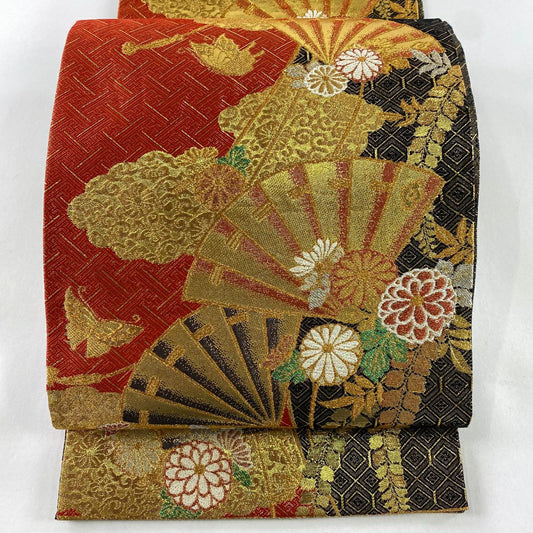 袋帶 秀品級 扇子 菊花 金金箔 金絲 紅 六通 純蠶絲
