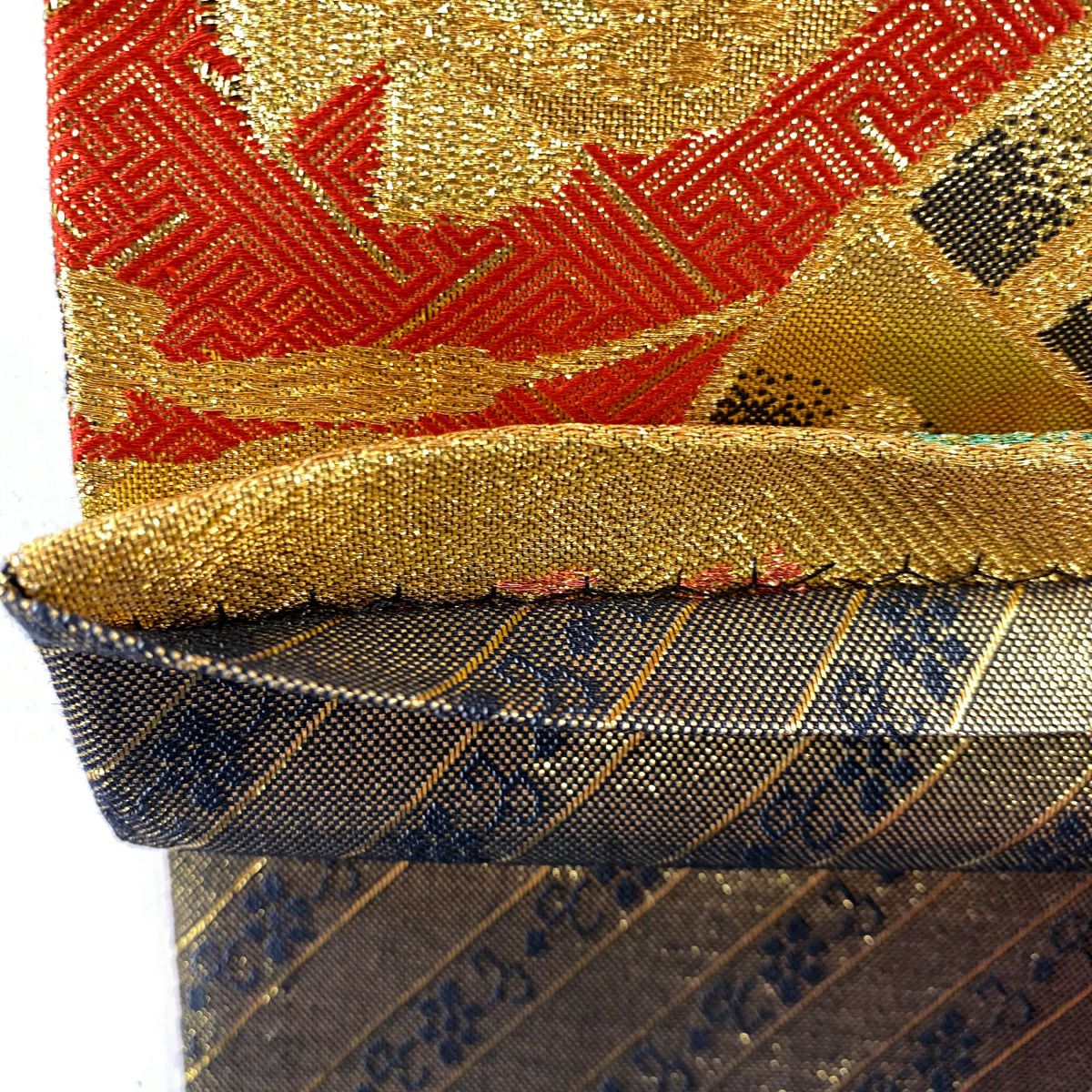 袋帶 秀品級 扇子 菊花 金金箔 金絲 紅 六通 純蠶絲