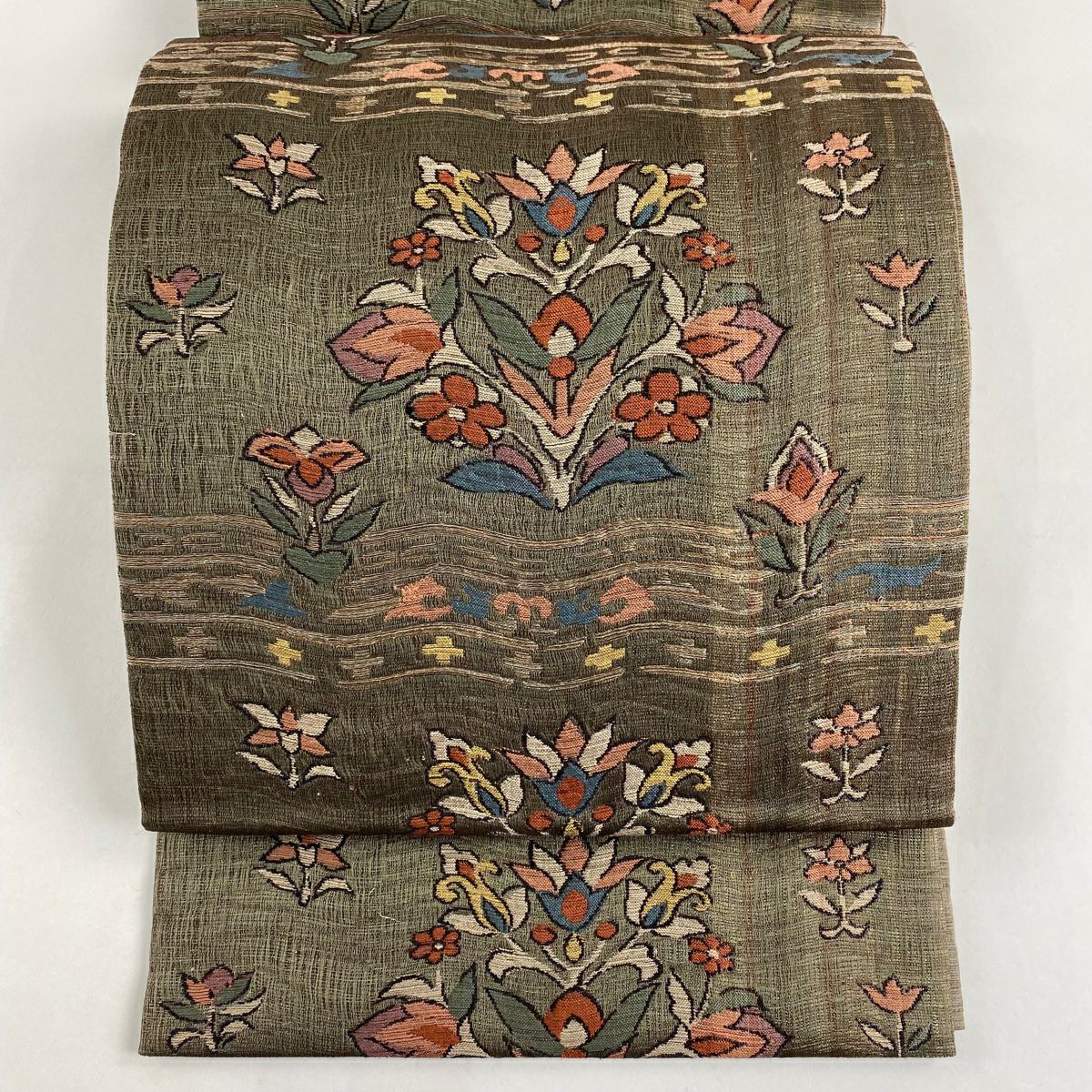 【美品】 袋帶 秀品級 草花紋幾何圖案 金金箔 拉麵線 茶綠 六通 純蠶絲